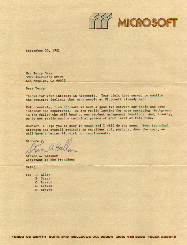 Image Of 1981 Microsoft Rejection Letter 1957