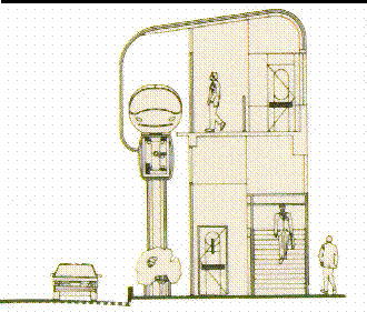 [elevated Skycar station on
street]
