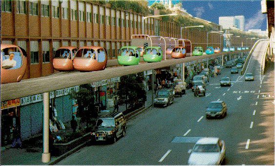 [skycar alongside
building]