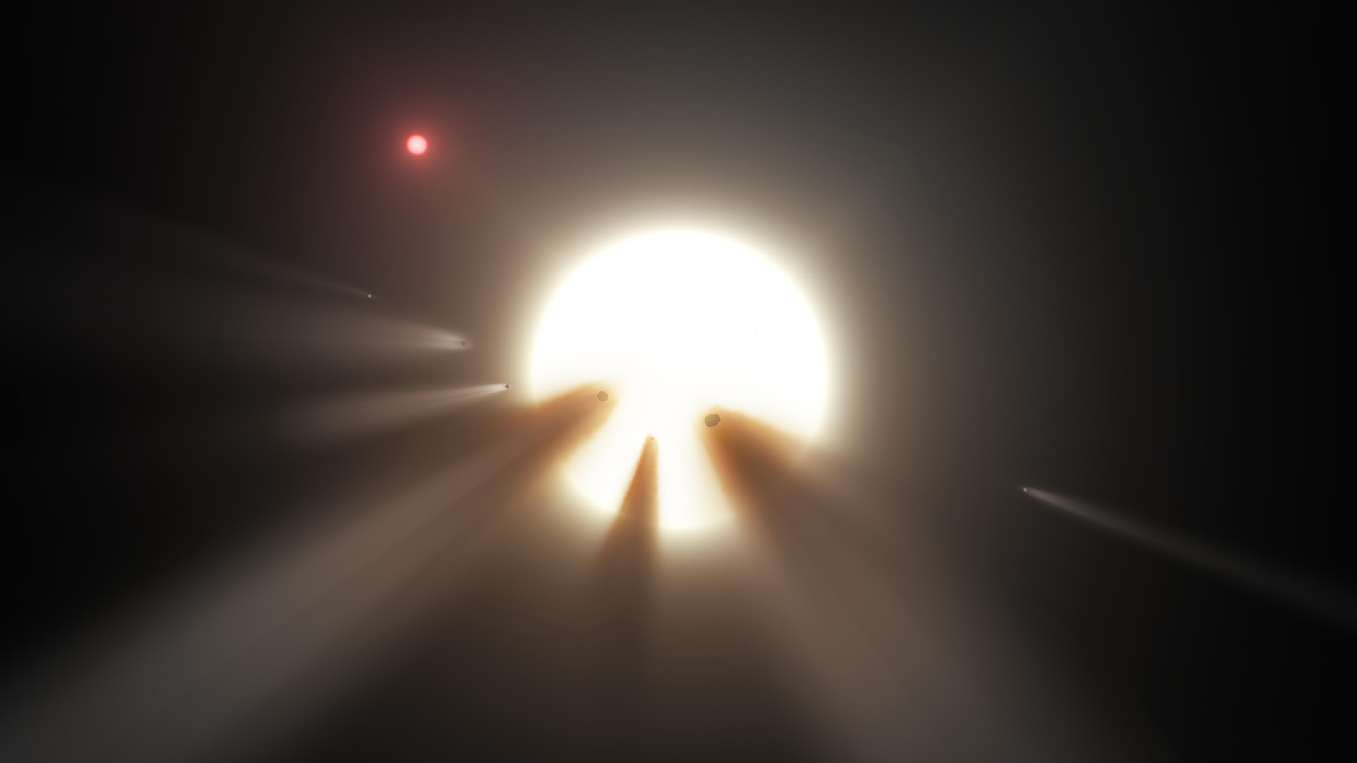 illustration of comet and dust debris blocking thie light from a star
