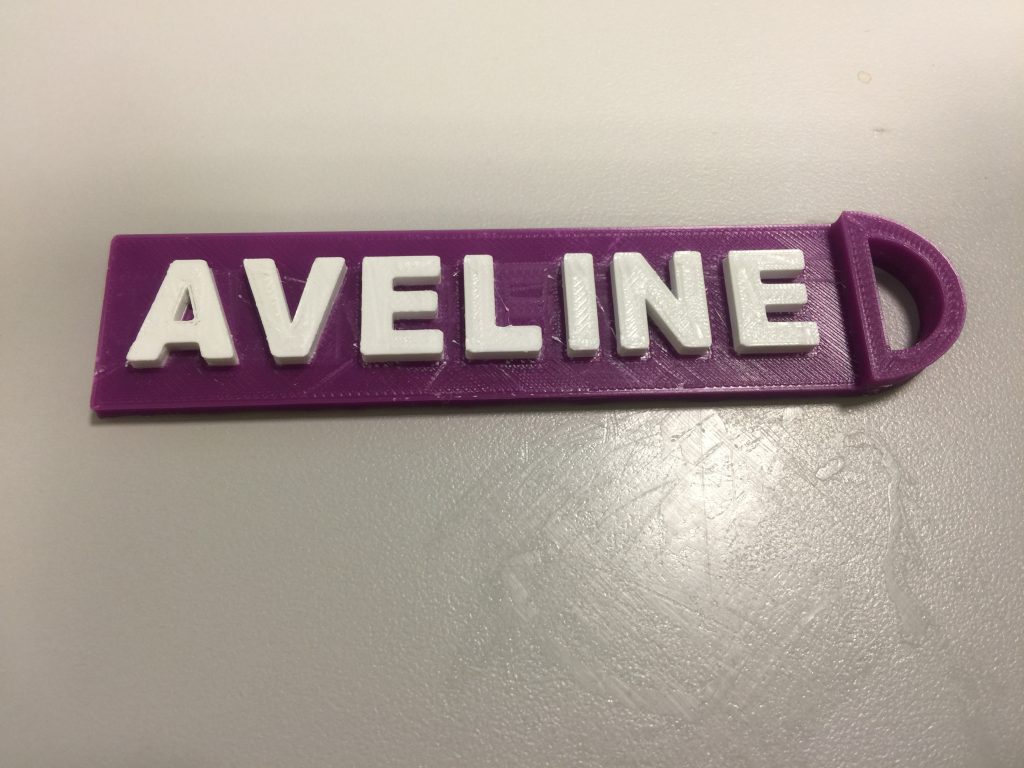 Purple keychain, 100mm long, 25mm wide, with white lettering on it which reads A V E L I N E