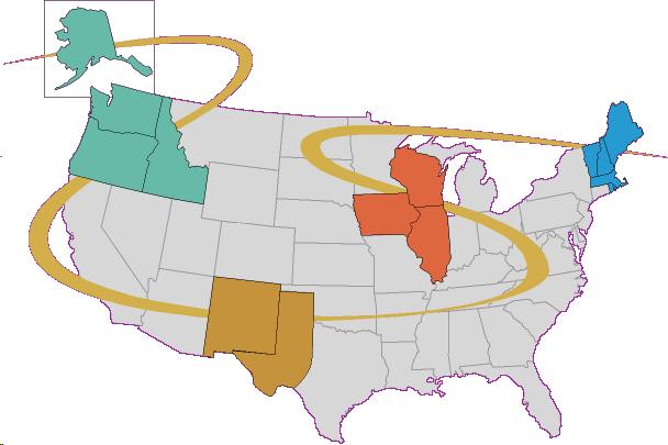 Map of the United States, showing the four regional alliances. 