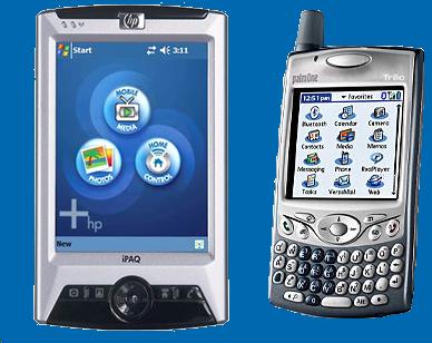 Screen shot of two handheld computing/telephony devices, with tiny buttons and controls