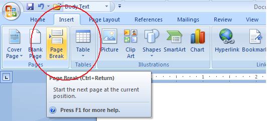 how to insert page break in word quick keys
