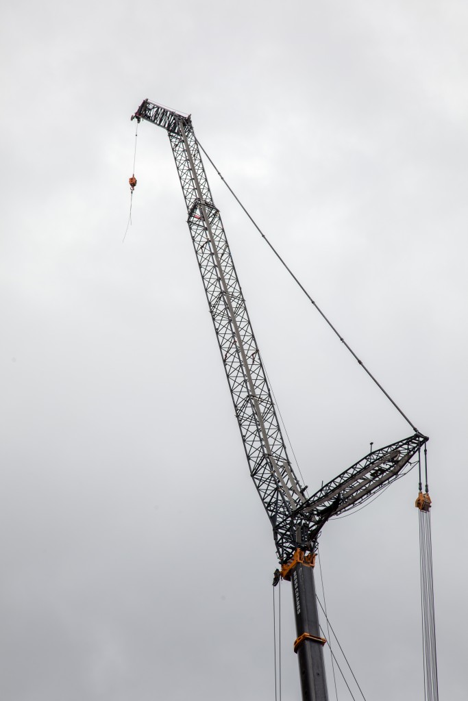 The jib atop the boom which extends the crane's reach another 150 feet or so.