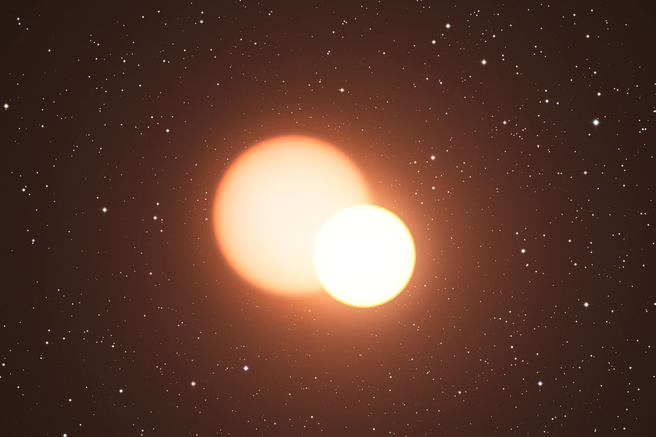 cartoon of a red giant binary with oscillations being eclipsed by a main sequence star
