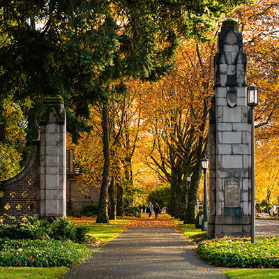 pathway entrance with stone pillars and autumnal leaves on the trees lining the path